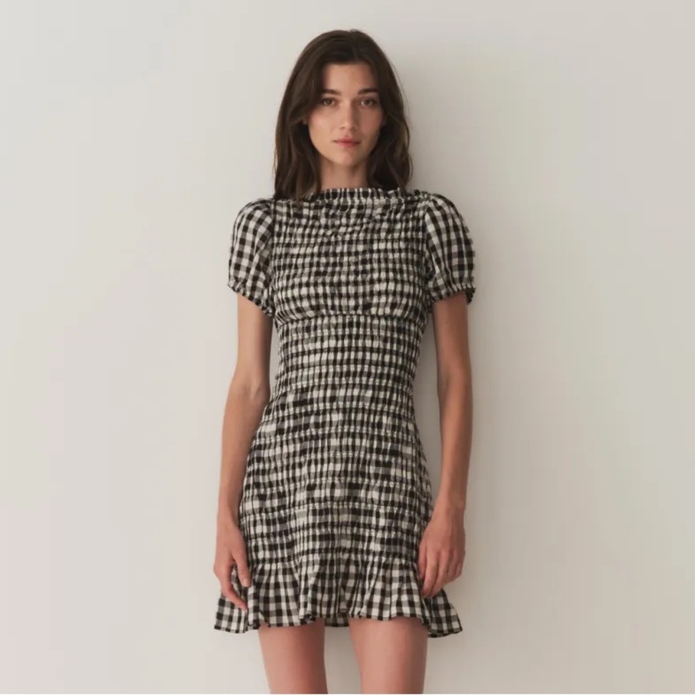 Doen Rizzo Linen Smocked Boat Neck Short Puff Sleeve Mini Dress Marilyn Gingham - Picture 2 of 15